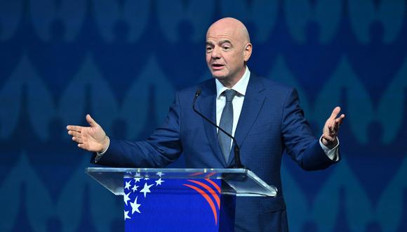 FIFA President Gianni Infantino speaks onstage during the final draw for the Conmebol 2024 Copa America football competition at the James L. Knight Centre in Miami, Florida, on December 7, 2023. (Photo by ANGELA WEISS / AFP)