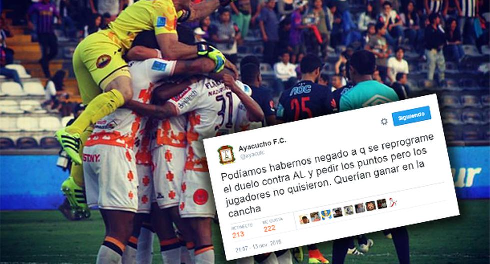 Este fue el mensaje de Ayacucho FC en sus rede sociales tras vencer a Alianza Lima en Matute. (Foto: GOLPERÚ)