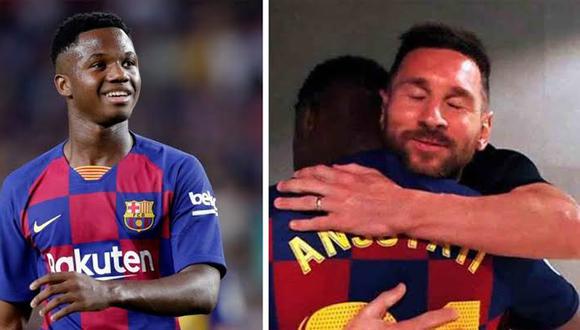 El abrazo de Messi a Ansu Fati en su debut con el Barcelona en LaLiga Santander. (Foto: Agencias)