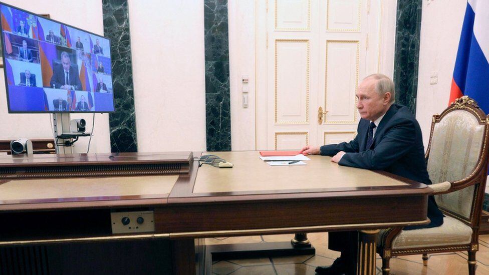 Putin led the national Security Council meeting via video conference.  (REUTERS)
