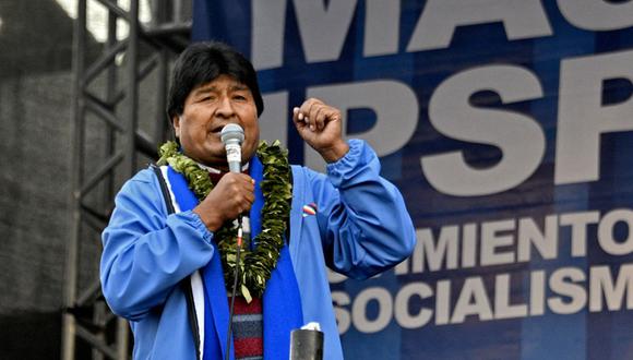 El expresidente boliviano (2006-2019) Evo Morales habla durante las celebraciones del 26 aniversario del partido gobernante Movimientos Al Socialismo (MAS), en La Paz, el 29 de marzo de 2021 (Foto: AIZAR RALDES / AFP)