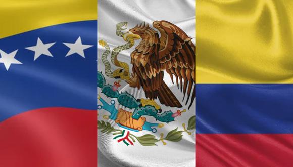 Las banderas de Venezuela, México y Colombia, quienes conforman el Grupo de los Tres, creado el 13 de junio de 1994.
