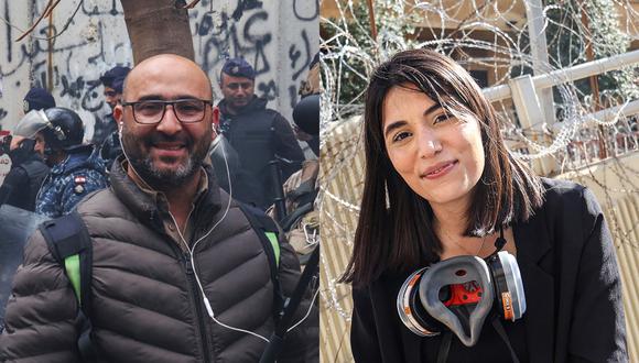 Rabie al Maamari (i) y Farah Omar (d) pertenecen al canal Al Mayadín que tiene su sede en Beirut, pero se dedica a cubrir la información de toda la región. Ambos fallecieron tras un presunto ataque de Israel. (Foto: ANWAR AMRO / AFP).