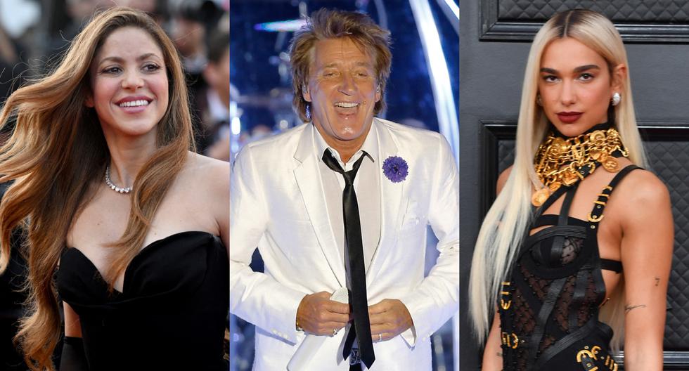 Mundial de Qatar 2022 tenía en su lista a Shakira (izquierda), Rod Stewart (centro) y Dua Lipa (derecha) para la ceremonia de inauguración. (Fotos: AFP)