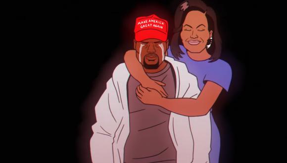 Un lloroso Kanye West abrazado por Michelle Obama en "Feels Like Summer", videoclip animado de Childish Gambino. (Foto: Vevo/ YouTube)