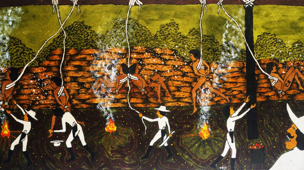 "Castigo llamado hamaca". Tintes naturales sobre llanchama (Autor: Santiago Yahuarcani)