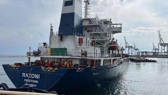 El buque de carga seca Razoni transporta un cargamento de 26.000 toneladas de maíz. (Foto del Ministerio de Defensa de Turquía / AFP) / TURKISH DEFENCE MINISTRY