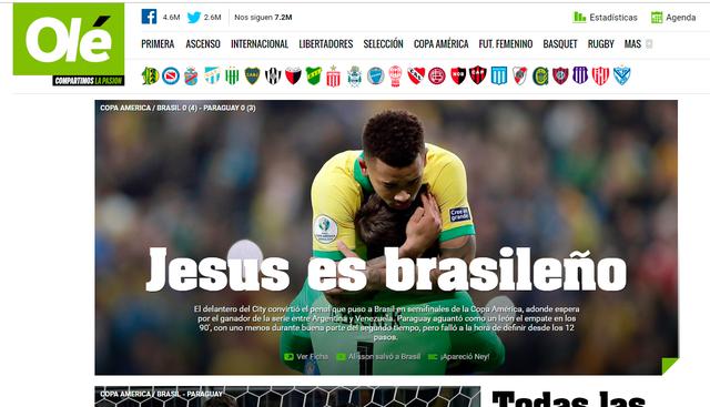 Así informó la prensa internacional la clasificación de Brasil y la tristeza de Paraguay. (Captura: Olé de Argentina)