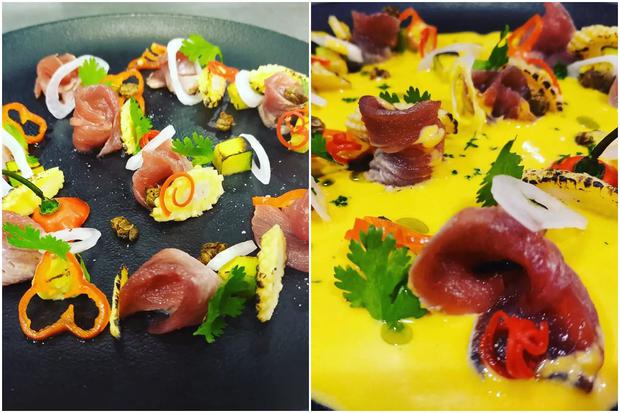 Before and after.  Tiradito of bonito, at the table they add the chili cream.