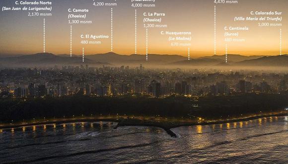 La imagen fue captada por Ana Castañeda a las 5:40 a.m. del día 46 de cuarentena (30 de abril), a la altura del malecón de Miraflores (identificación de cerros: Gallinazos con Pluma / fuente: Carta Nacional consultada en Geocatmin).