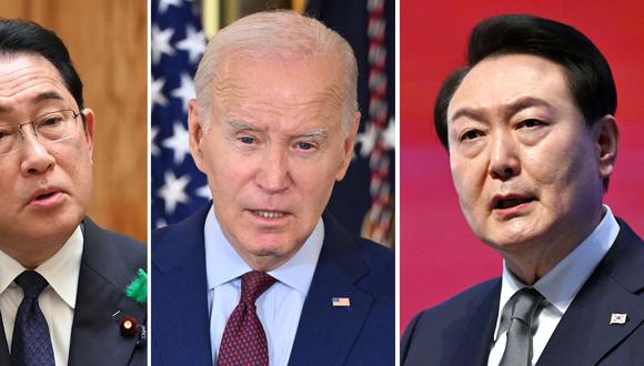 (De izquierda a derecha) El primer ministro de Japón, Fumio Kishida; el presidente de los Estados Unidos, Joe Biden y el presidente de Corea del Sur, Yoon Suk Yeol. (Foto por AFP)