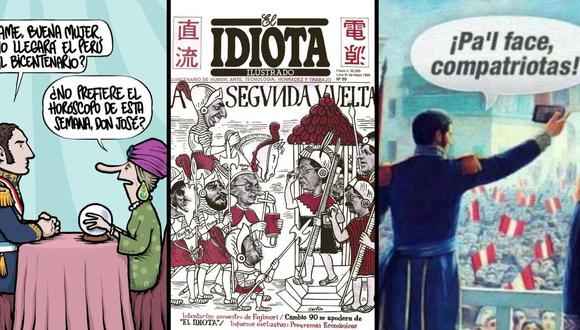 De izq. a der.: una caricatura de Andrés Edery para El Comercio; portada de la revista "El idiota ilustrado", de 1990, obra de Carlín; un meme, anónimo y efímero como casi todos.