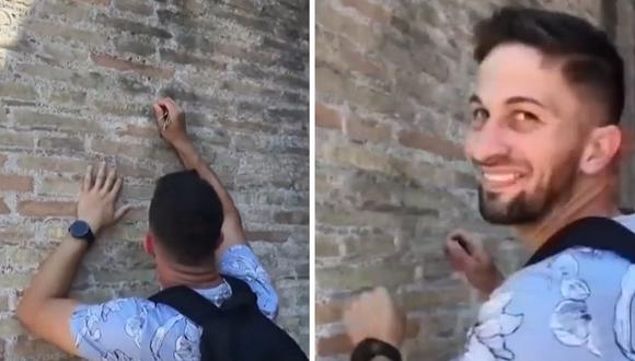 El turista Ivan Dimitrov, de 27 años, captado en video mientras escribía su nombre en el Coliseo de Roma, Italia, el 5 de junio de 2023. (Captura de video)