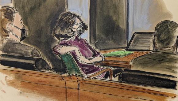 En este boceto de la sala del tribunal, Ghislaine Maxwell, en el centro, se sienta durante su juicio por tráfico sexual, el miércoles 29 de diciembre de 2021 en Nueva York. (AP / Elizabeth Williams).