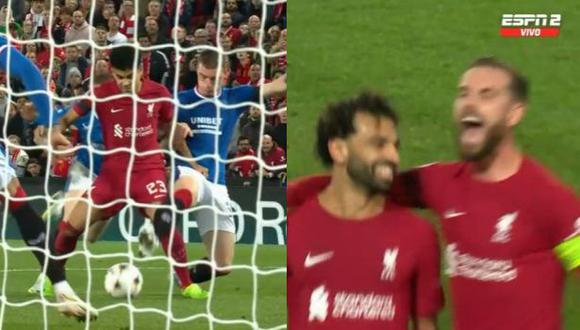 Gol de Salah tras una falta contra Luis Díaz para el 2-0 de Liverpool vs. Rangers en Champions League. (Foto: ESPN)