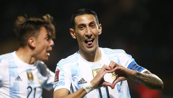 Soccer Football - World Cup - South American Qualifiers - Uruguay v Argentina - Estadio Campeon del Siglo, Montevideo, Uruguay - November 12, 2021 Argentina's Angel Di Maria celebrates scoring their first goal Pool via REUTERS/Ernesto Ryan