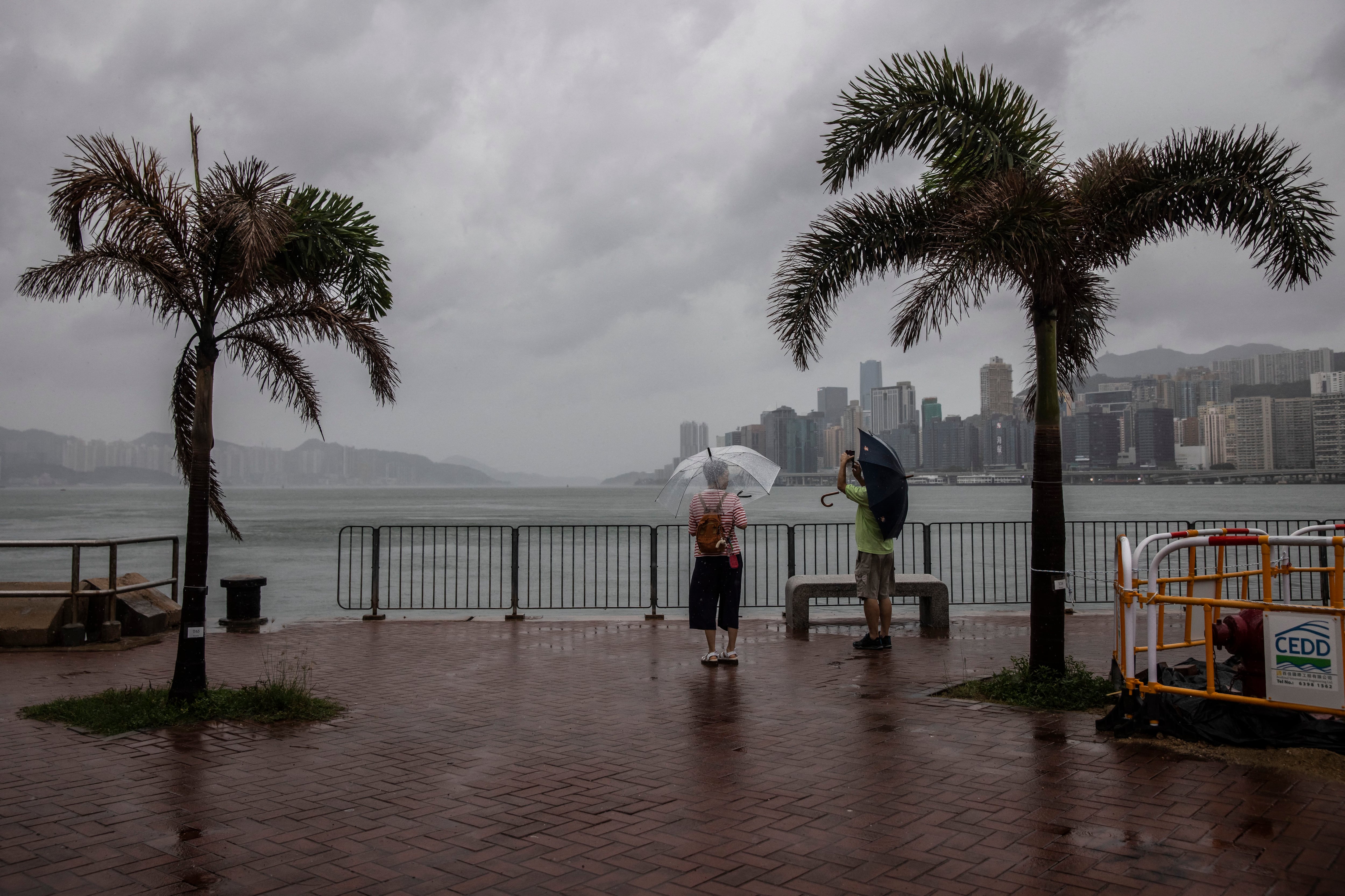 People use umbrellas to protect themselves from the rain caused by Super Typhoon Saola next to Victoria Harbor in Hong Kong on September 1, 2023. (Photo by ISAAC LAWRENCE / AFP)