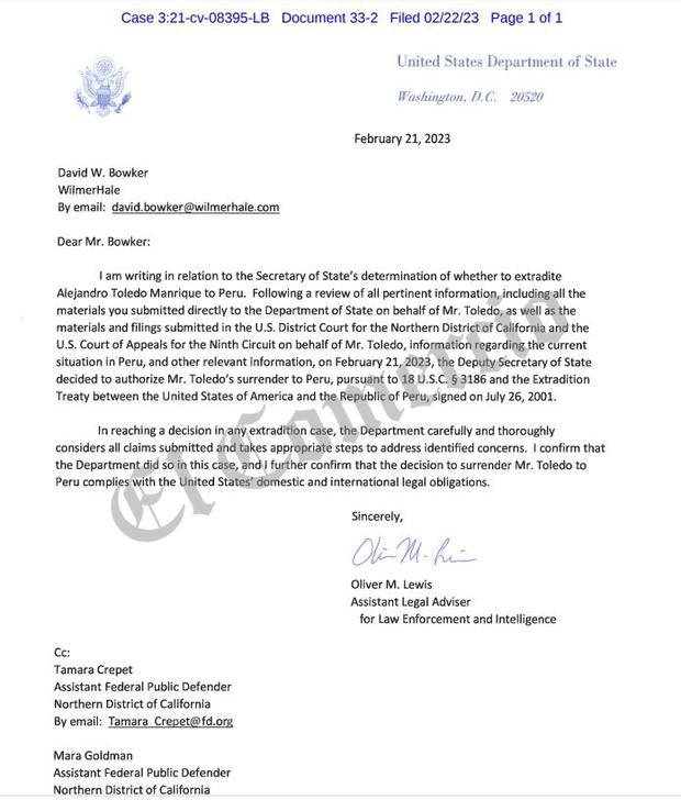 Documento del Departamento de Estado de los Estados Unidos sobre extradición Alejandro Toledo.