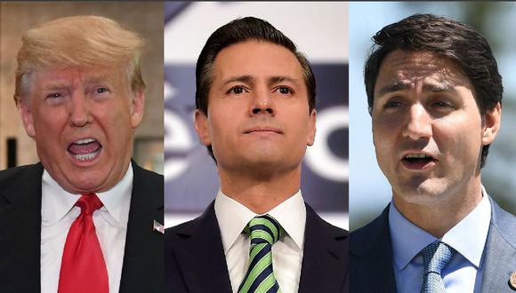 El presidente de Estados Unidos, Donald Trump, y sus homólogos de México Enrique Peña Nieto y de Canadá Justin Trudeau. Esos países organizarán el Mundial de fútbol 2026. (AFP / EFE).