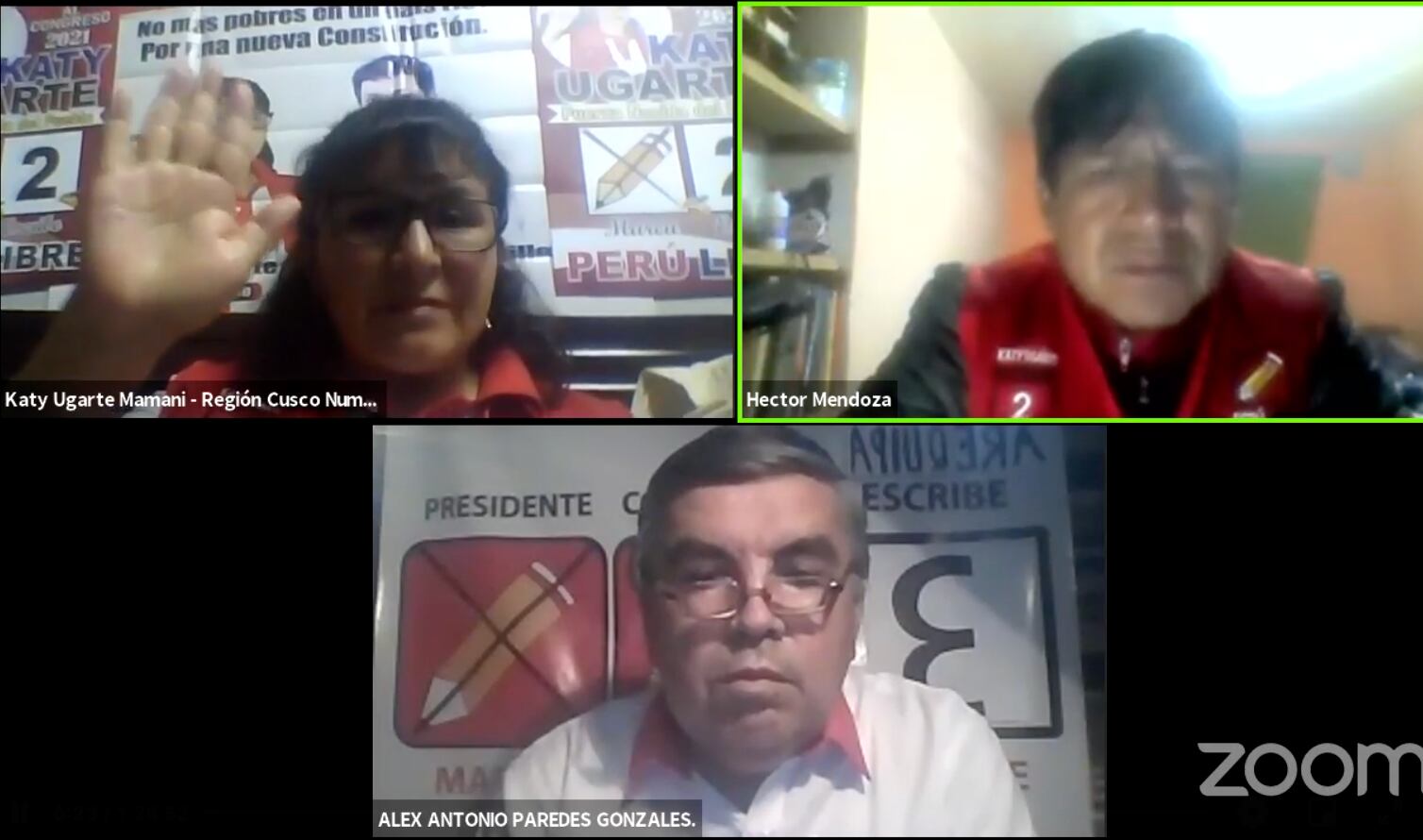 Los congresistas Katy Ugarte (Cusco) y Alex Paredes (Arequipa) en un zoom conversando sobre el presupuesto en el sector Educación.