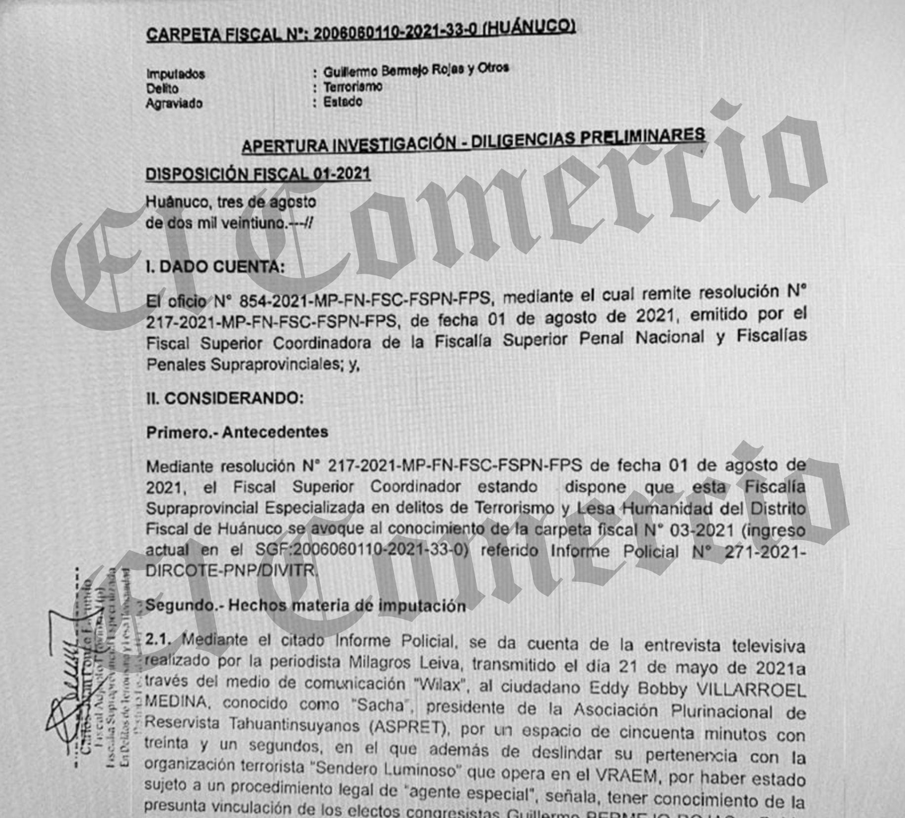 Disposición de la Fiscalía Supraprovincial Especializada en Delitos de Terrorismo y Lesa Humanidad de Huánuco.