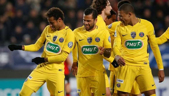 París Saint Germain aplastó holgadamente a su rival por los 32avos de final de la Copa de Francia. Kylian Mbappé, Ángel di María y Neymar anotaron un doblete cada uno. (Foto: AFP)