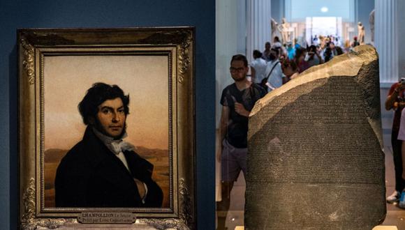 Jean-Francois Champollion y la piedra Rosetta que hace 200 años logró descifrar. (Fotos: AFP)