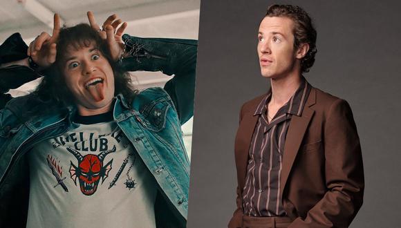 (Izquierda) Joseph Quinn como Eddie Munson en una escena de "Stranger Things". (Derecha) El actor en una sesión de fotos de Netflix.
