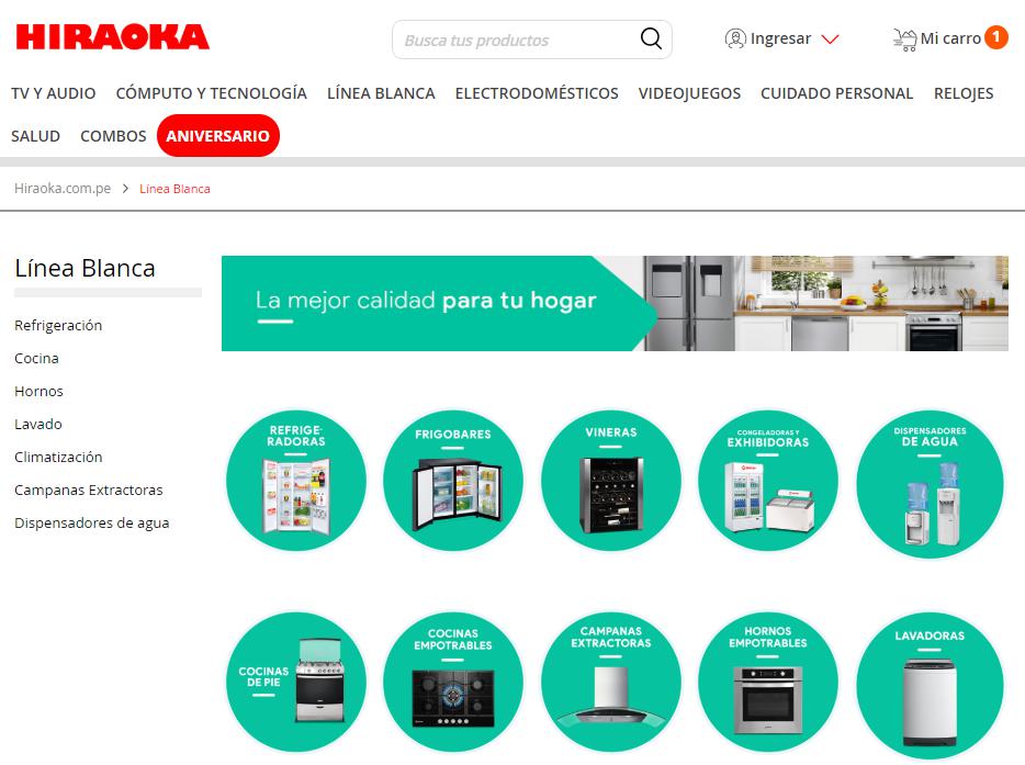 Página web de Hiraoka con la variedad de productos de la línea blanca que se puede adquirir. (Foto: Hiraoka)