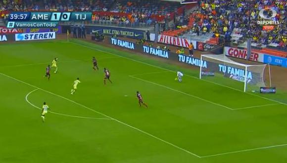 El colombiano Nicolás Benedetti ganó un balón en campo contrario y definió con mucha precisión para el 2-0 de América sobre Tijuana. (Foto: captura de video)