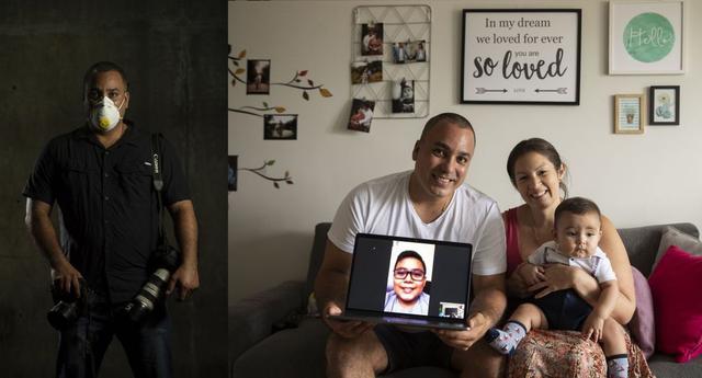 Daniel Apuy, es el jefe del núcleo de fotógrafos que abastecen de imágenes a todo el Grupo El Comercio. En la imagen sonríe junto a su esposa, Kathy; su hijo mayor, Mathyas, en la pantalla; y Gael, el bebé (Foto: José Rojas Bashe/GEC).