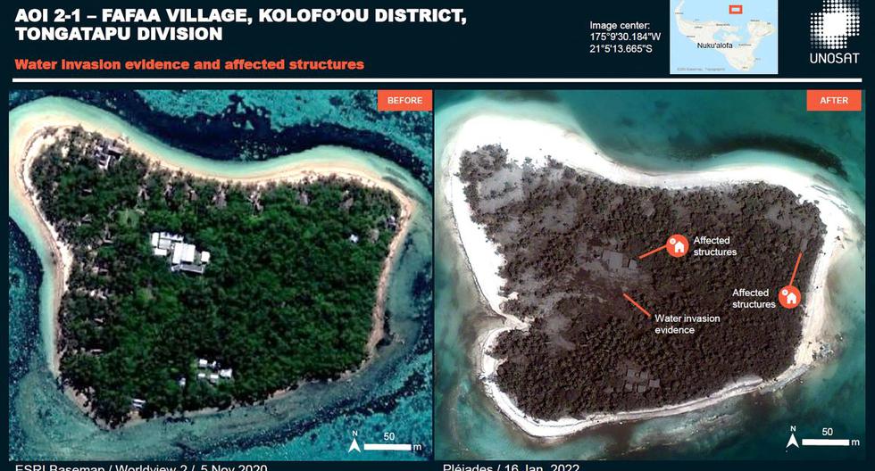 Esta imagen publicada el 17 de enero de 2022 por el Instituto de las Naciones Unidas para la Formación y la Investigación (UNITAR) muestra una imagen satelital tomada el 5 de noviembre de 2020 de edificios en Kolofo'ou, Tonga, y otra tomada el 16 de enero de 2022 de la misma área cubierta de ceniza volcánica. (AFP).