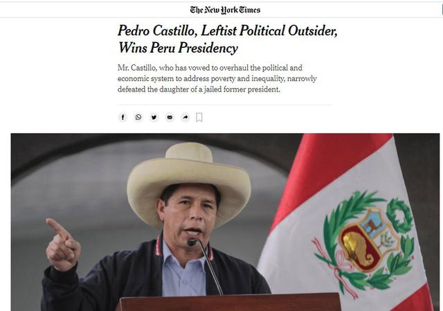 Pedro Castillo fue proclamado presidente del Perú. El escrutinio actualizado del 100% de las actas hecho por la ONPE dio el triunfo a Castillo con el 50,12% de los votos frente al 49,87% de Keiko Fujimori. (Foto: New York Times)