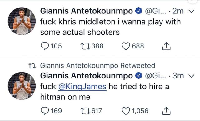 La cuenta de Twitter de Giannis Antetokounmpo fue hackeada | Fotos: Captura