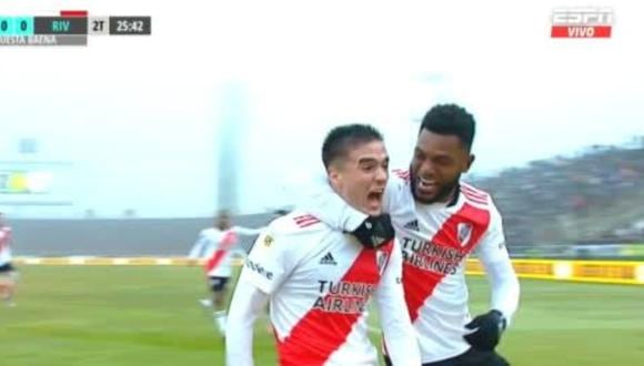 Agustín Palavecino y Lucas Beltrán se encargaron de anotar los dos primeros goles de River Plate vs. Aldosivi. (Foto: Captura ESPN)