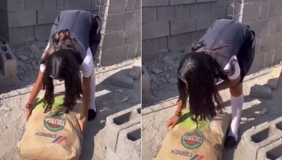 Estudiante intenta levantar un costal de cementero en obra de construcción. (Imagen: @susyjimenez0 / TikTok)