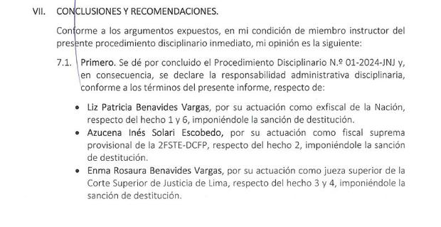 Recomendación del informe de Inés Tello sobre el proceso disciplinario contra las hermanas Benavides y Azucena Solari.