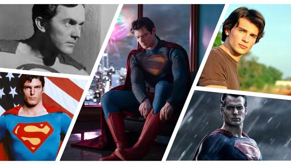 El nuevo Superman, David Corenswet (al centro), rodeado por sus antecesores. A la izquierda: Kirk Alyn y Christopher Reeve; a la derecha: Tom Welling y Henry Cavill. (Fotos: Warner Bros, agencias)