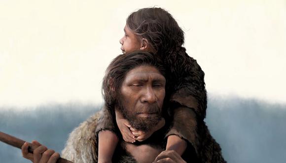 Ilustración de un padre neandertal y su hija. En una de las cuevas en Siberia se hallaron restos de un padre y su hija adolescente. (TOM BJORKLUND)