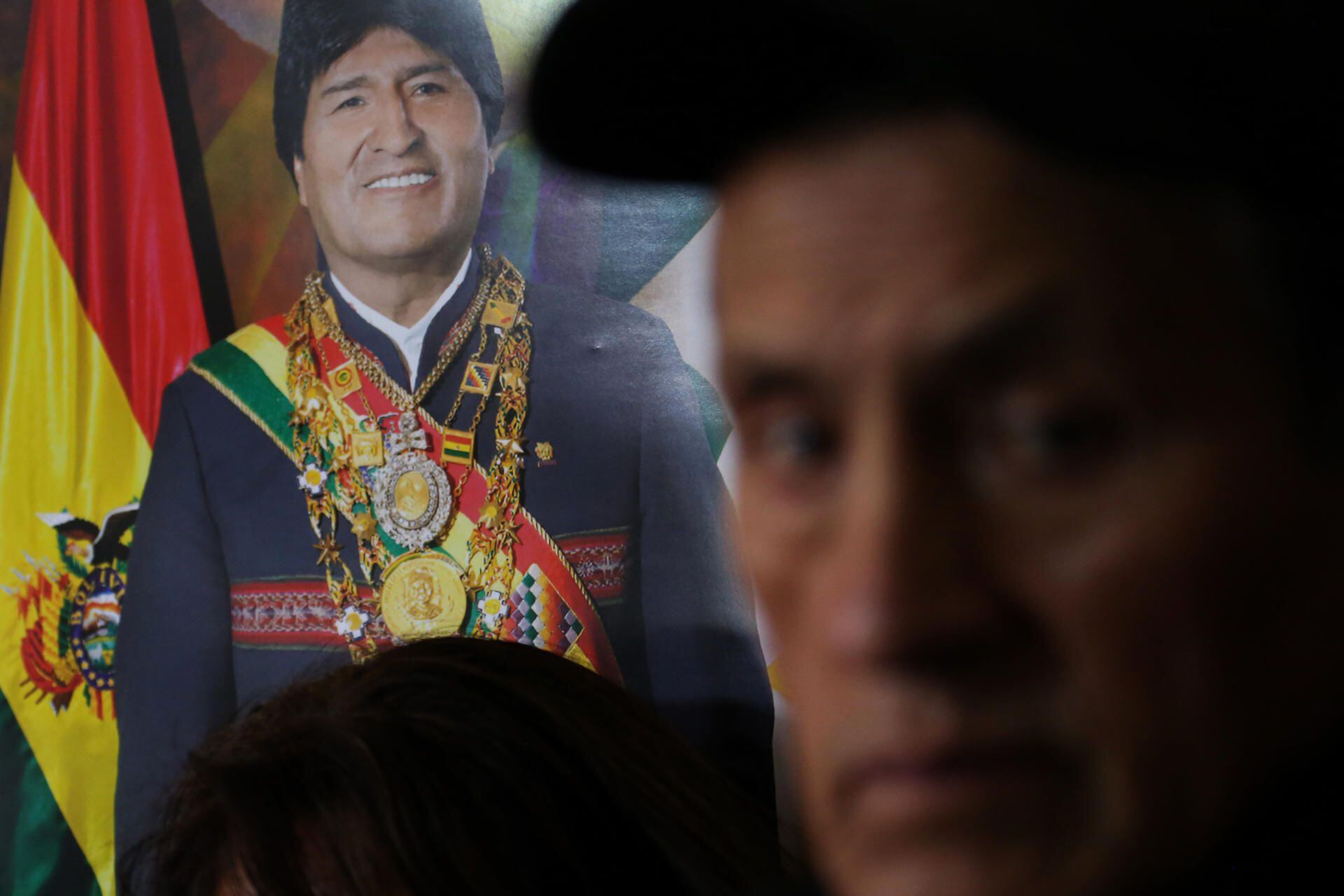 Photograph of an image of former President Evo Morales during a press conference in La Paz of the MAS leadership.  (EFE / Luis Gandarillas).