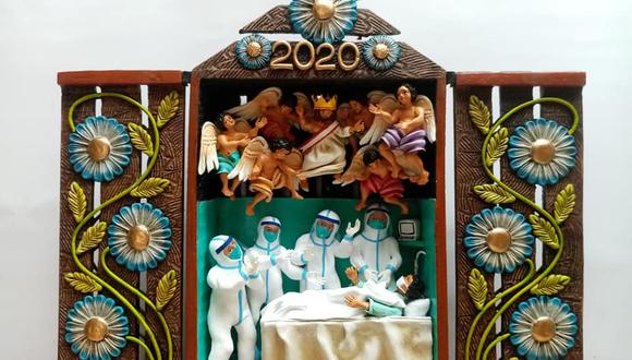 Retablo ayacuchano con motivos de coronavirus, del taller de los hermanos Quispe Flores.