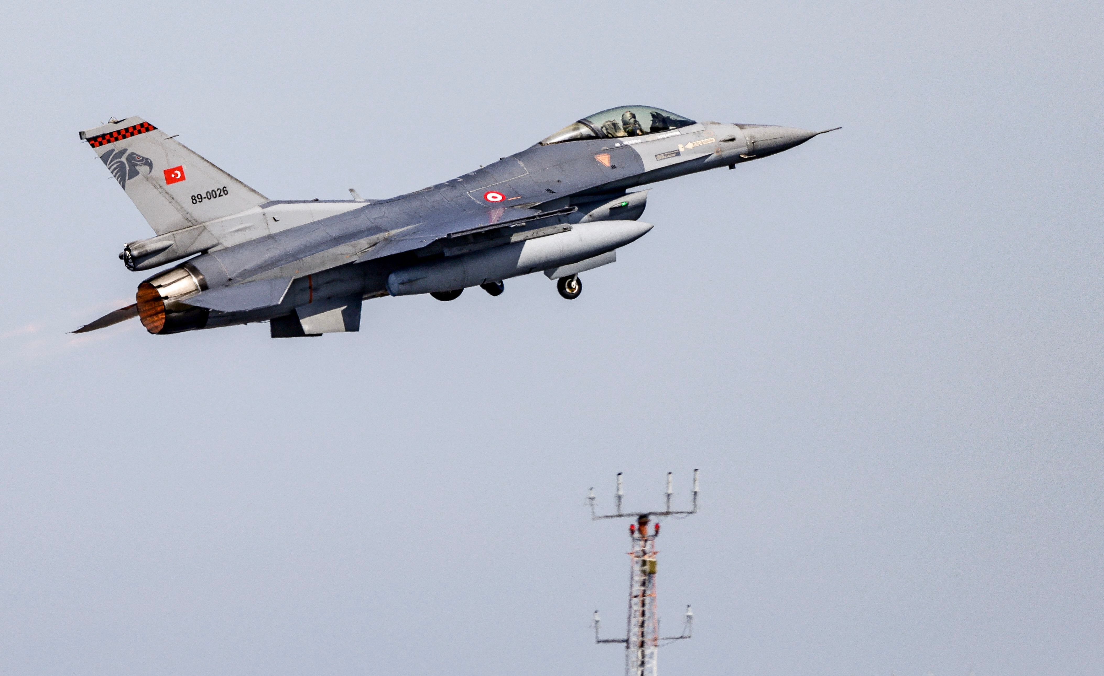 A Turkish air force F-16 fighter jet takes off in northern Germany, on June 9, 2023. (Photo by Axel Heimken/POOL/AFP)