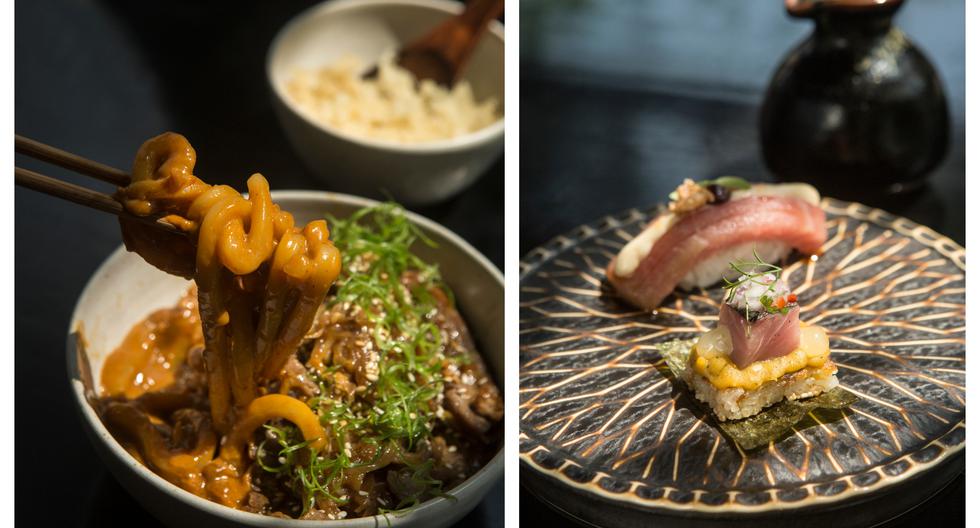 Dos bocados del menú degustación: adelante, yakisuhi, guiso piurano, bonito, gel de yuzu y chalaquita. Atrás, nigiri de toro con crujiente de sushi. Derecha: Fideos udon en aderezo de ajíes confitados, curry japonés, láminas de bife salteadas en tare de wagyu y tenkatsu. puro confort.