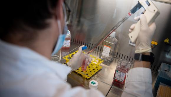 A biologist of the OSE Immunotherapeutics pharmaceutical laboratory works on a program to develop a vaccine against the Covid-19 infection on March 31, 2021 in Nantes, western France. (Photo by LOIC VENANCE / AFP)