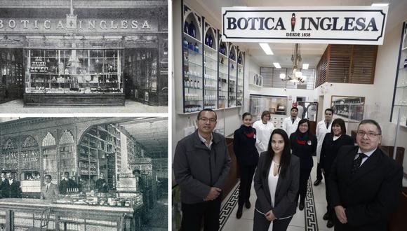 Izq.: imágenes históricas de la Botica Inglesa. Der.: Mariana Cruz (actual gerenta) flanqueada por su padre Harold Cruz y su tío Alberto Cruz, junto al equipo de trabajadores del negocio. (Fotos: Colección Vladimir Velásquez / César Campos)