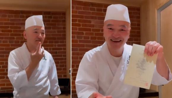 En esta imagen se aprecia al chef de sushi que aprendió lenguaje de señas para brindar una mejor atención a sus clientes. (Foto: @natalykeo / Twitter)