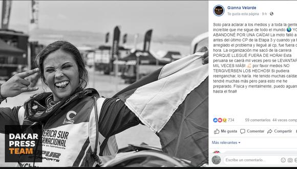 La peruana Gianna Velarde fue excluida del Dakar por un problema en el punto de control. (Facebook)