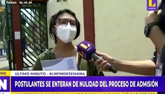 La postulante mostró su desazón tras enterarse de la anulación del proceso de admisión 2022-II a la UNMSM | Foto: Captura de Latina / Video