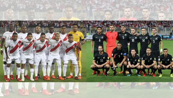 Las selecciones de Perú y Nueva Zelanda antes de iniciar el partido de vuelta por el repechaje a Rusia 2018, celebrado el 15 de noviembre del 2017 en Lima. (AP/AFP)