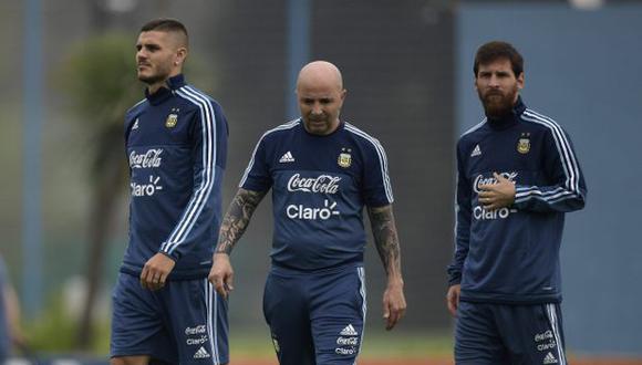 Mauro Icardi, Lionel Messi y Jorge Sampaoli.